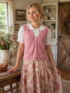 VTG 90s Cotton Forever Pink Knit Sweater Button Front Vest Cottage Romantic, M